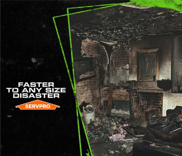 Fire and soot damage to the walls, ceiling, and  floor, of a home with the caption: FASTER TO ANY SIZE DISASTER SERVPRO