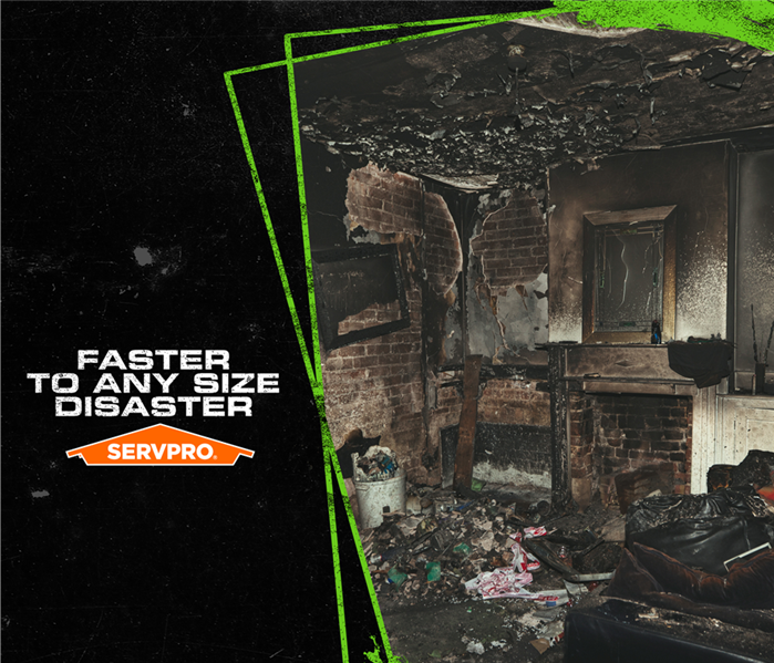Fire and soot damage to the walls, ceiling, and floor, of a home with the caption: FASTER TO ANY SIZE DISASTER SERVPRO